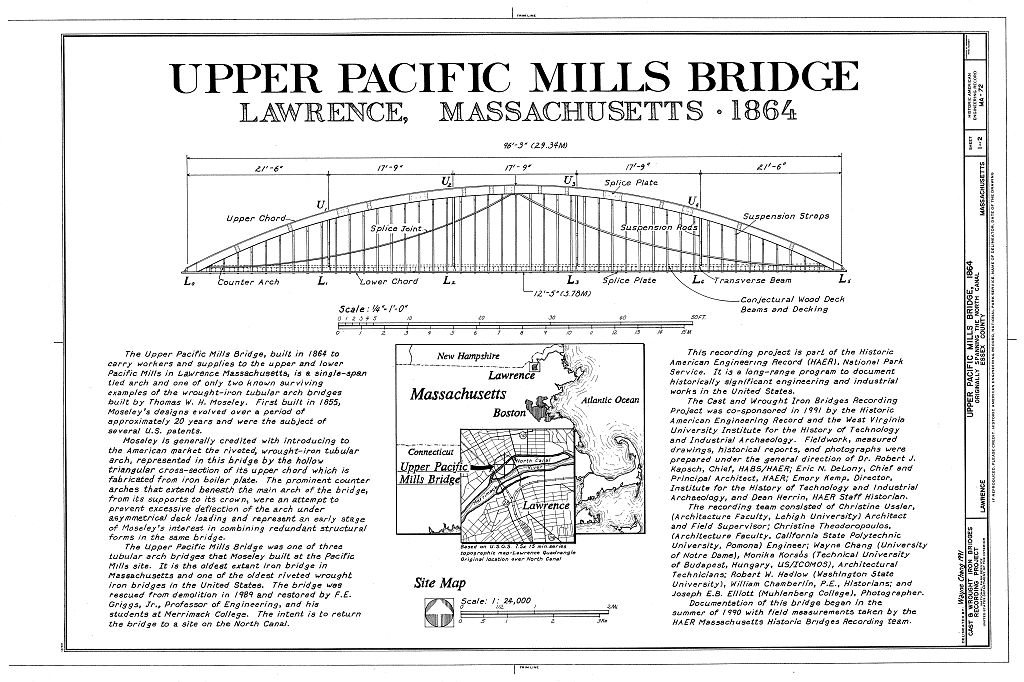 Upper Pacific Mills Bridge, Moved to Merrimack College, North Andover, MA, Lawrence, Essex County, MA, measured drawing filed with the federal survey