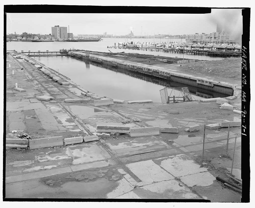 Charlestown Navy Yard, Pier 10, Between Piers 9 & 11 along Mystic River on Charlestown Waterfront at eastern edge of Charlestown Navy Yard, Boston, Suffolk County, MA, photograph filed with the federal survey