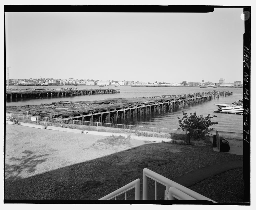 Charlestown Navy Yard, Pier 9, Between Piers 8 & 10, along Mystic River on Charlestown Waterfront at eastern edge of Navy Yard, Boston, Suffolk County, MA, photograph filed with the federal survey