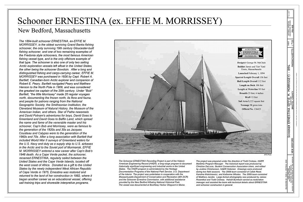Schooner Ernestina, New Bedford Whaling National Historical Park State Pier, New Bedford, Bristol County, MA, measured drawing filed with the federal survey