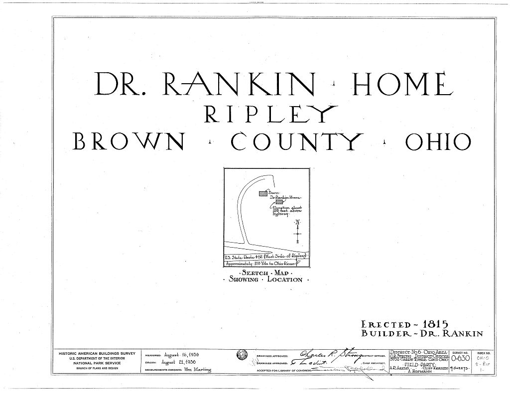 Dr. John Rankin House, Liberty Hill, Ripley, Brown County, OH, measured drawing filed with the federal survey