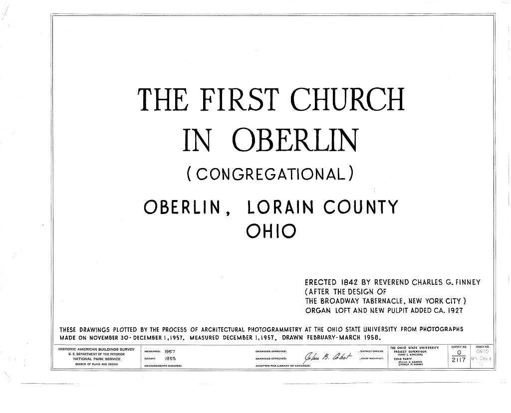 First Church in Oberlin (Congregational), North Main & West Lorain Streets, Oberlin, Lorain County, OH, measured drawing filed with the federal survey