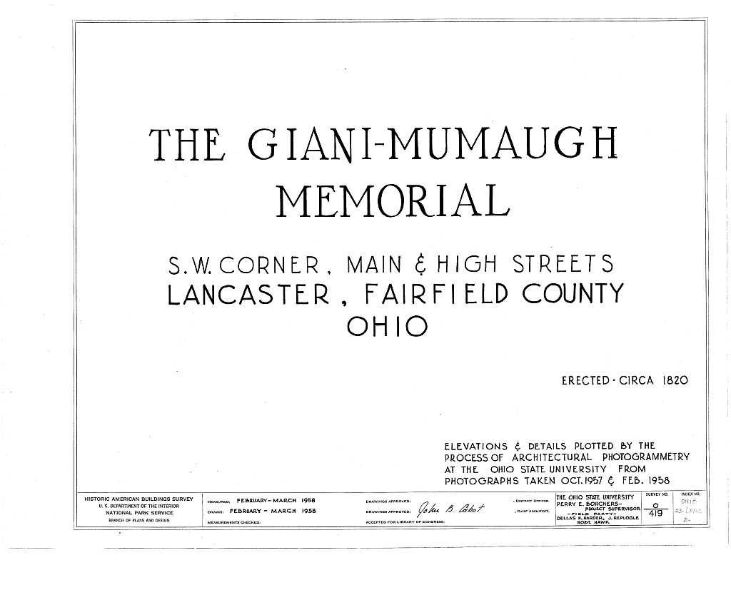 Giani-Mumaugh Memorial, Main & High Streets, Lancaster, Fairfield County, OH, measured drawing filed with the federal survey