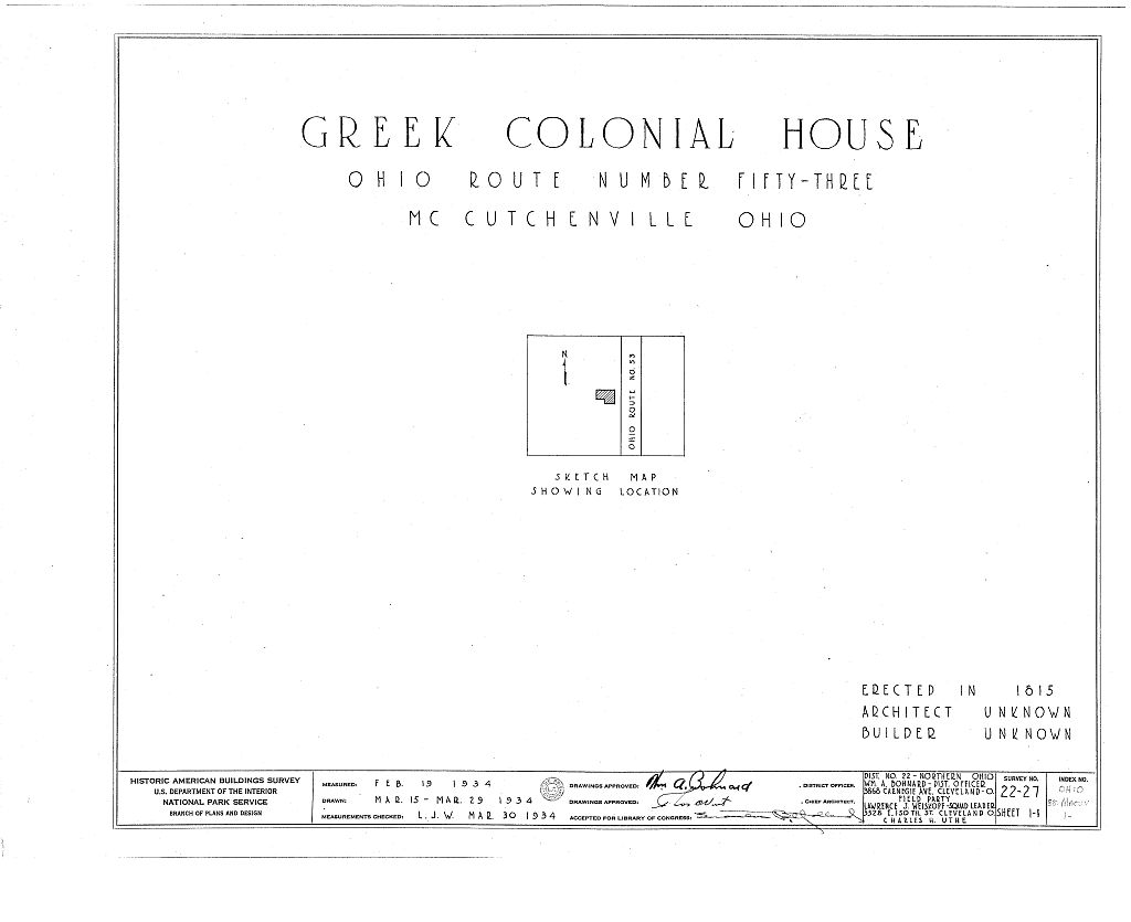 Greek Revival House, McCutchenville, Wyandot County, OH, measured drawing filed with the federal survey