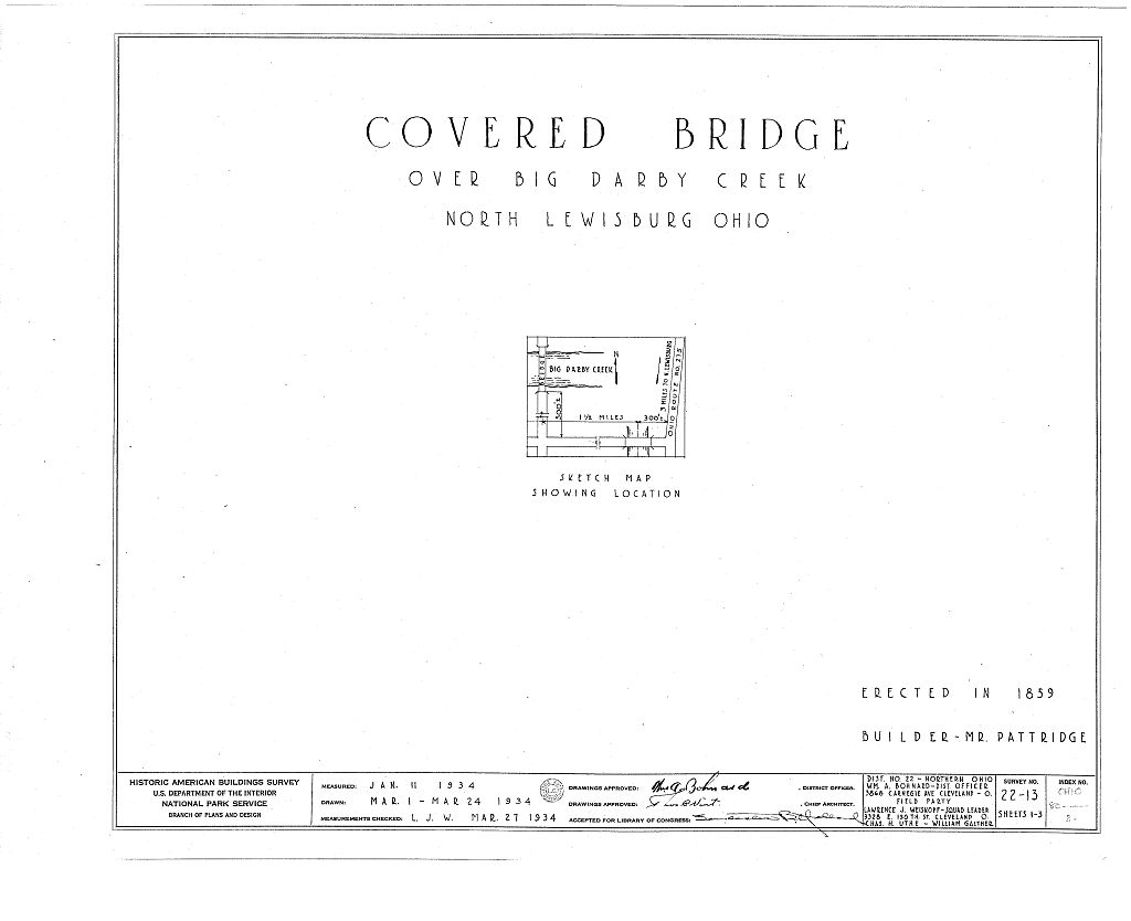 Covered Bridge, Spanning Darby Creek, North Lewisburg, Champaign County, OH, measured drawing filed with the federal survey
