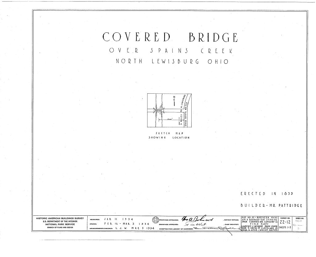 Covered Bridge, Spanning Spain's Creek, North Lewisburg, Champaign County, OH, measured drawing filed with the federal survey