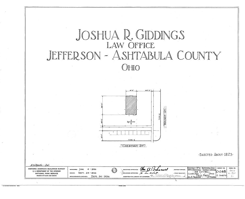 Joshua R. Giddings Law Office, Chestnut & Walnut Streets, Jefferson, Ashtabula County, OH, measured drawing filed with the federal survey