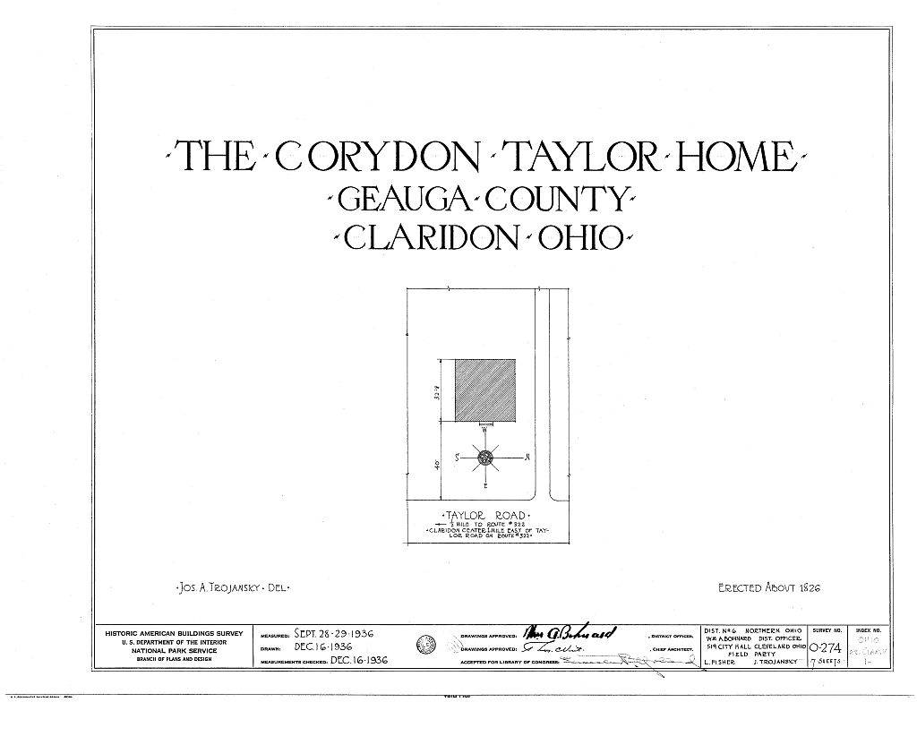 Corydon Taylor House, Taylor Road, Claridon, Geauga County, OH, measured drawing filed with the federal survey