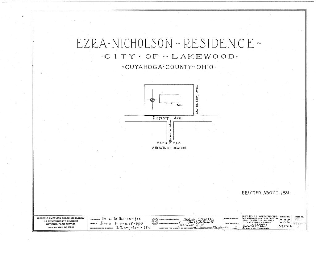 Ezra Nicholson House, 1335 Detroit Avenue, Lakewood, Cuyahoga County, OH, measured drawing filed with the federal survey
