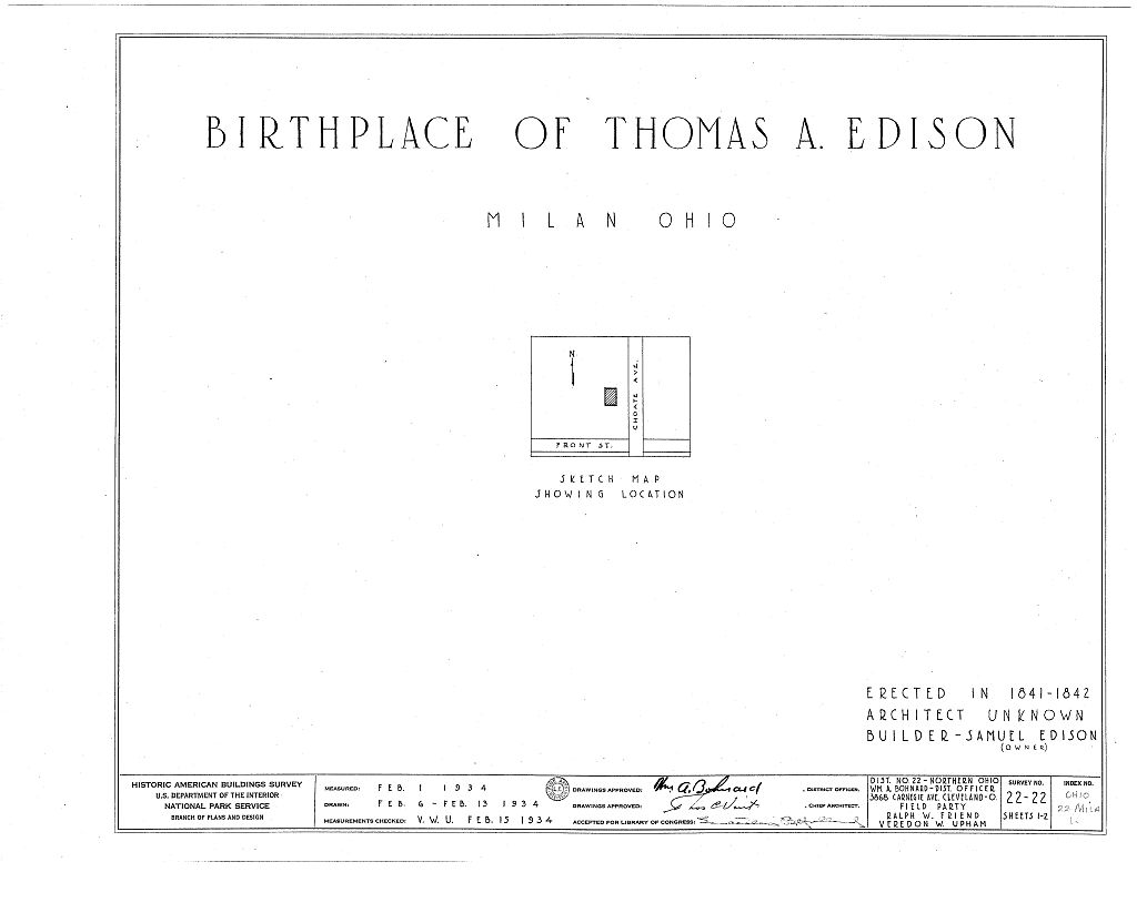 Thomas A. Edison Birthplace, Front Street & Choate Avenue, Milan, Erie County, OH, measured drawing filed with the federal survey