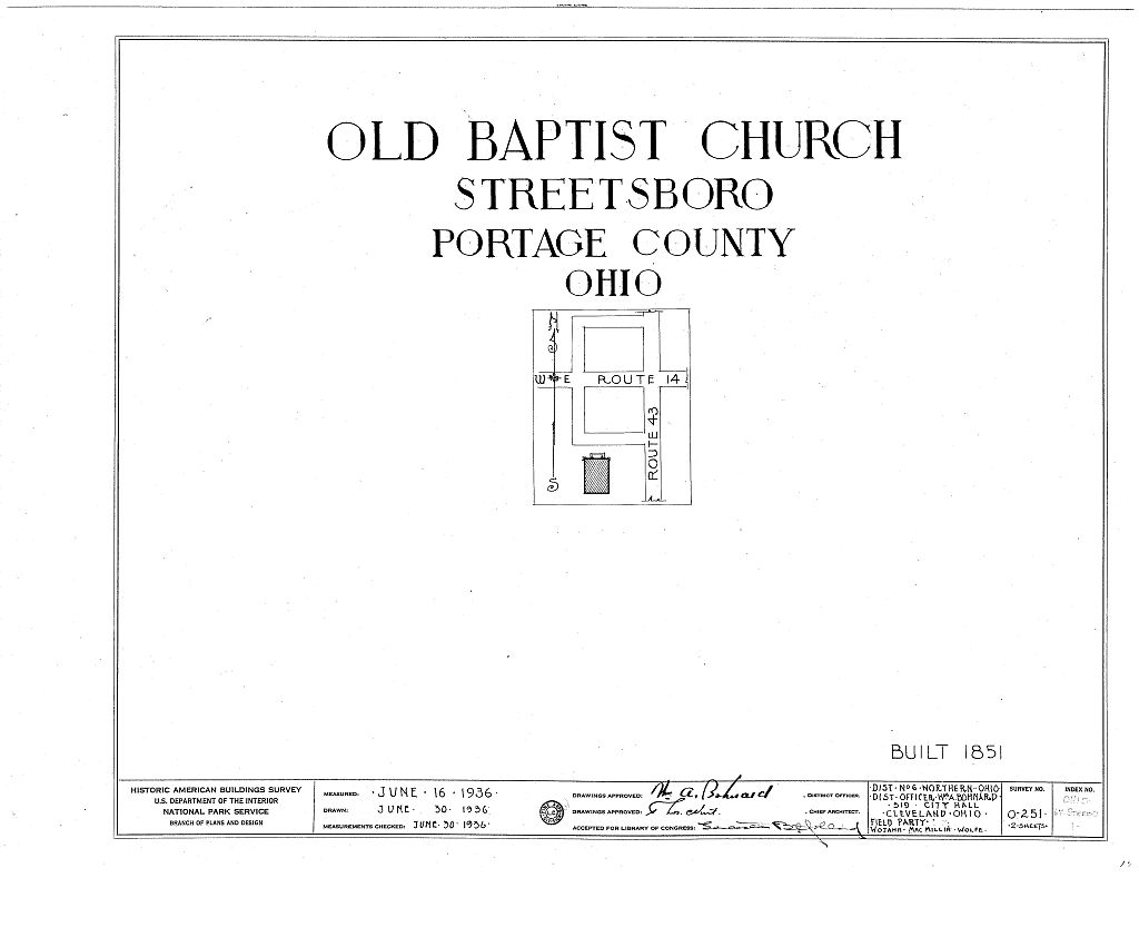 Old Baptist Church, Routes 43 & 14, Streetsboro, Portage County, OH, measured drawing filed with the federal survey