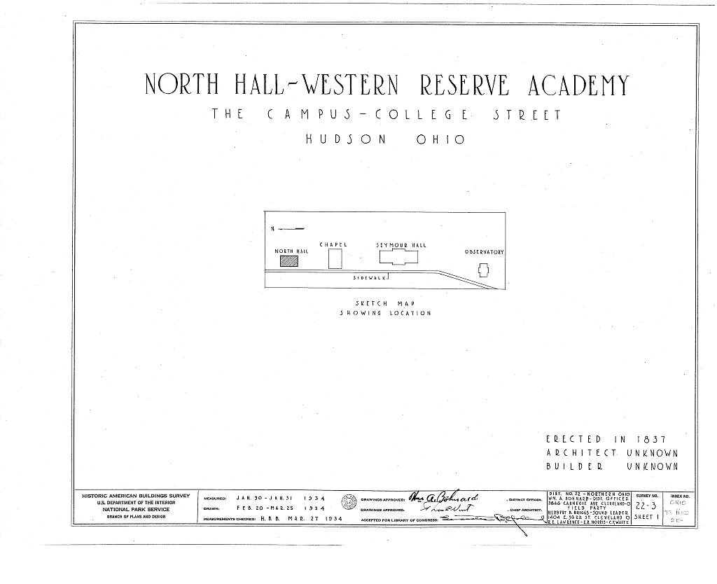 Western Reserve Academy, North Hall, Western Reserve Academy, Hudson, Summit County, OH, measured drawing filed with the federal survey