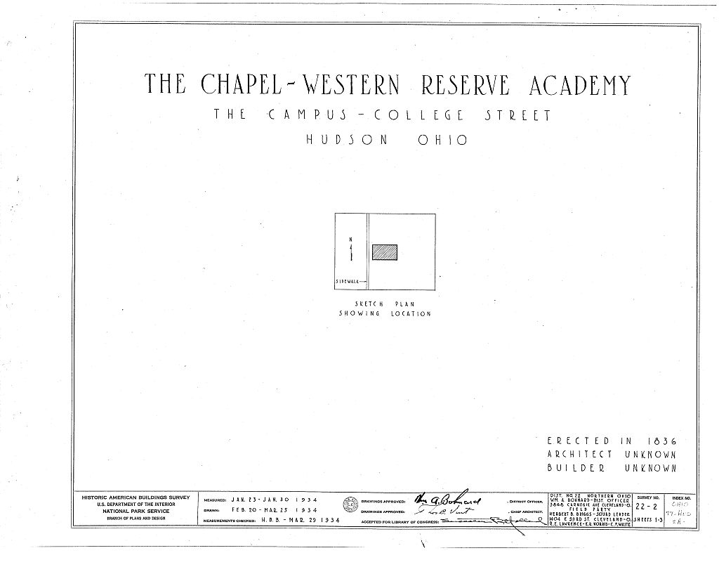 Western Reserve Academy, Chapel, Western Reserve University, Hudson, Summit County, OH, measured drawing filed with the federal survey