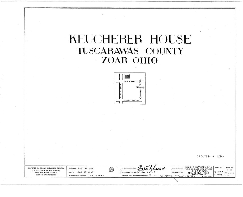 Keucherer House, Third & Main Streets, Zoar, Tuscarawas County, OH, measured drawing filed with the federal survey
