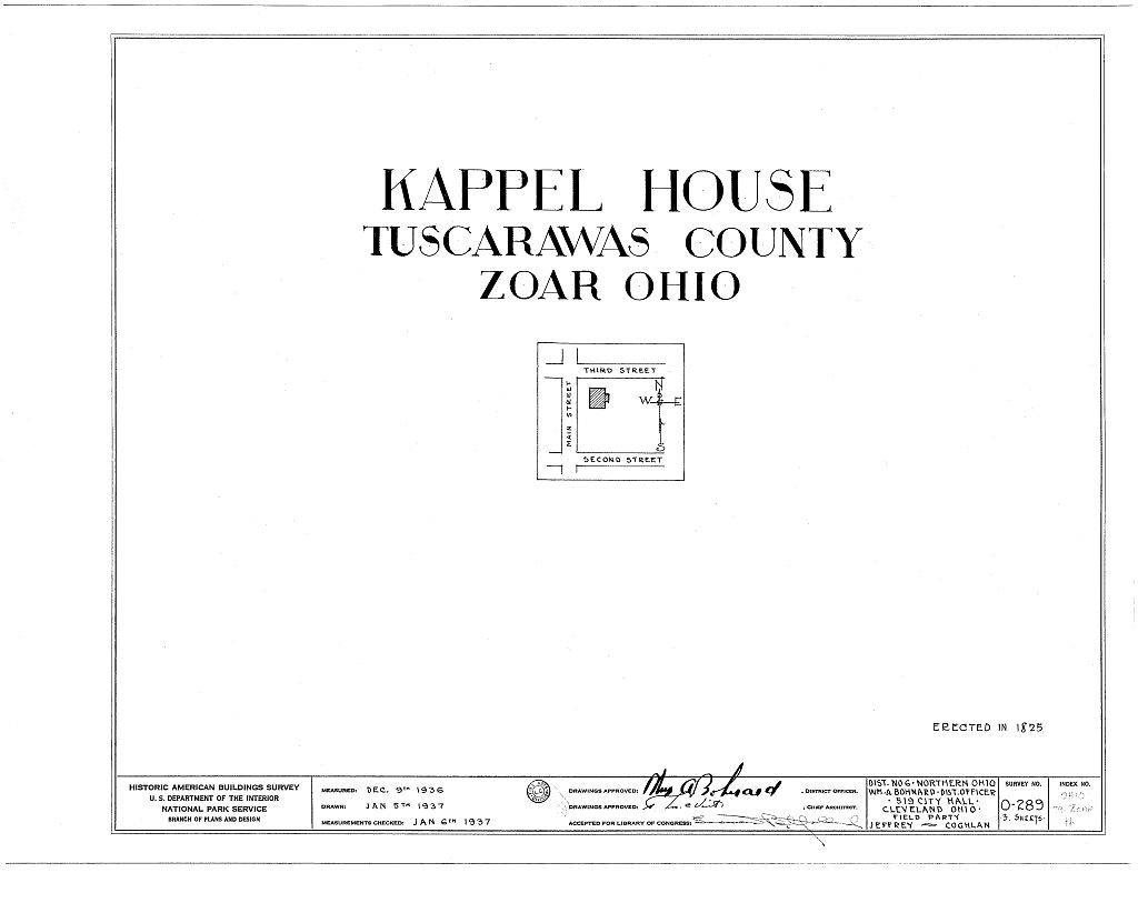 Kappel House, Third & Main Streets, Zoar, Tuscarawas County, OH, measured drawing filed with the federal survey