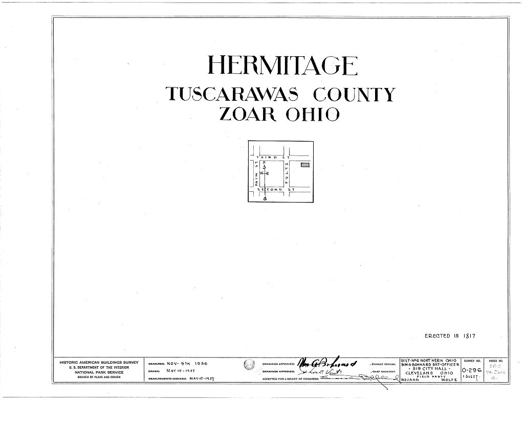 Hermitage (Log Cabin), Third Street, Zoar, Tuscarawas County, OH, measured drawing filed with the federal survey