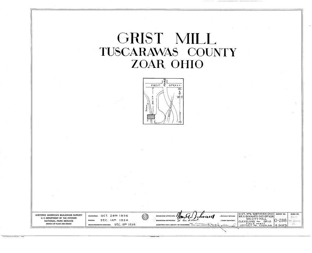 Grist Mill, First Street, Zoar, Tuscarawas County, OH, measured drawing filed with the federal survey