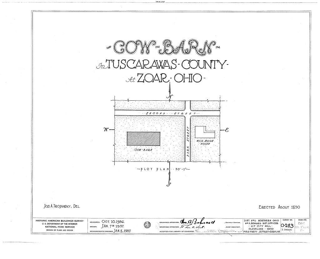 Cow Barn, Second & Park Streets, Zoar, Tuscarawas County, OH, measured drawing filed with the federal survey