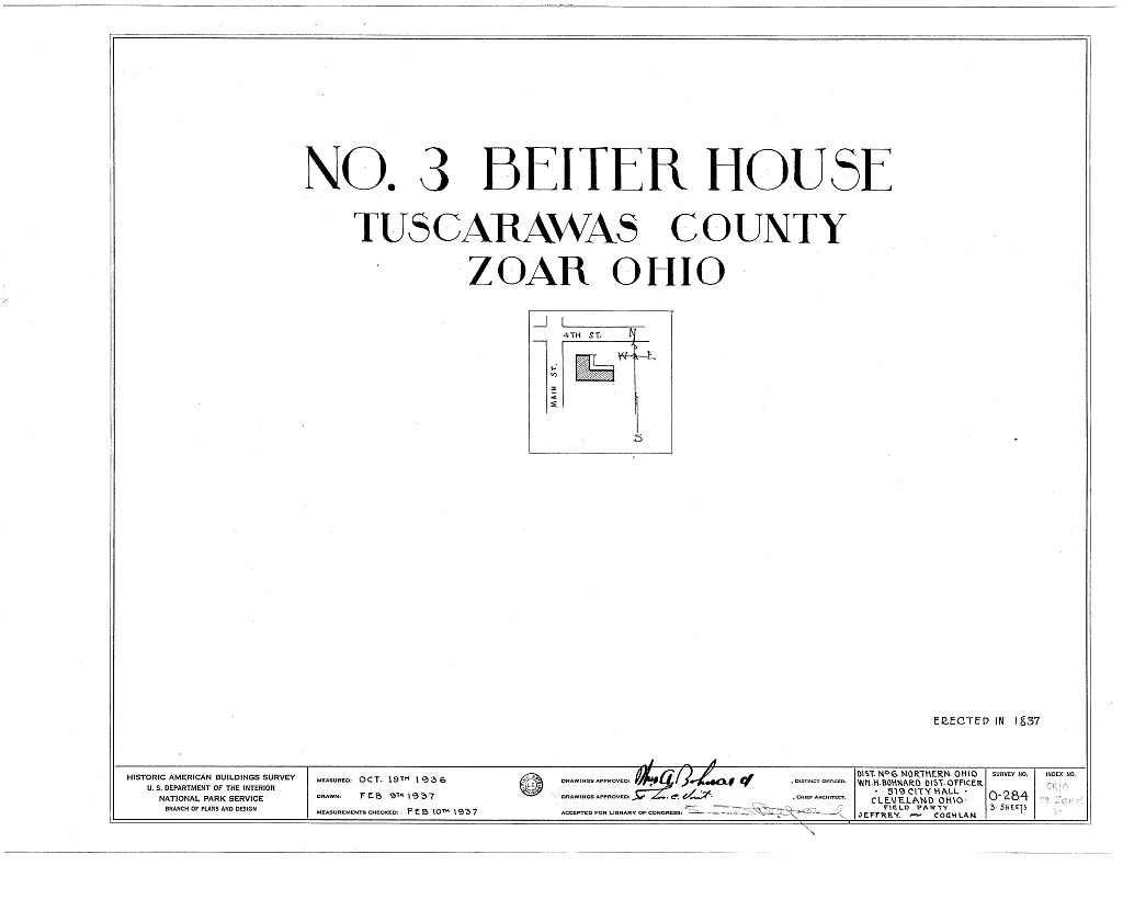 Beiter House Number 3, Fourth & Main Streets, Zoar, Tuscarawas County, OH, measured drawing filed with the federal survey