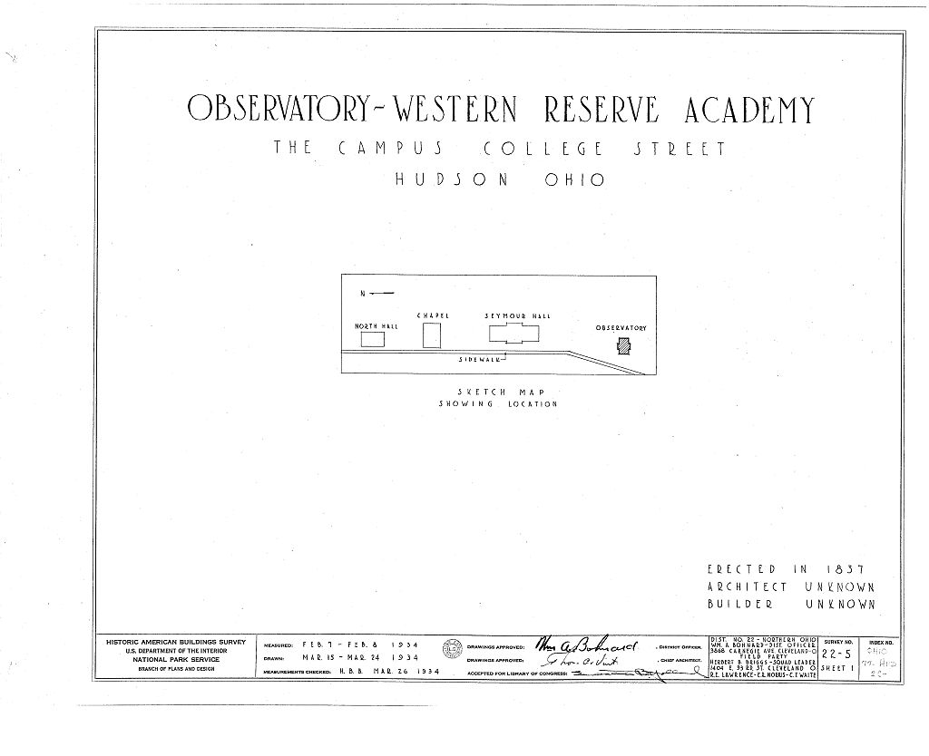 Western Reserve Academy, Loomis Observatory, Western Reserve University, Hudson, Summit County, OH, measured drawing filed with the federal survey