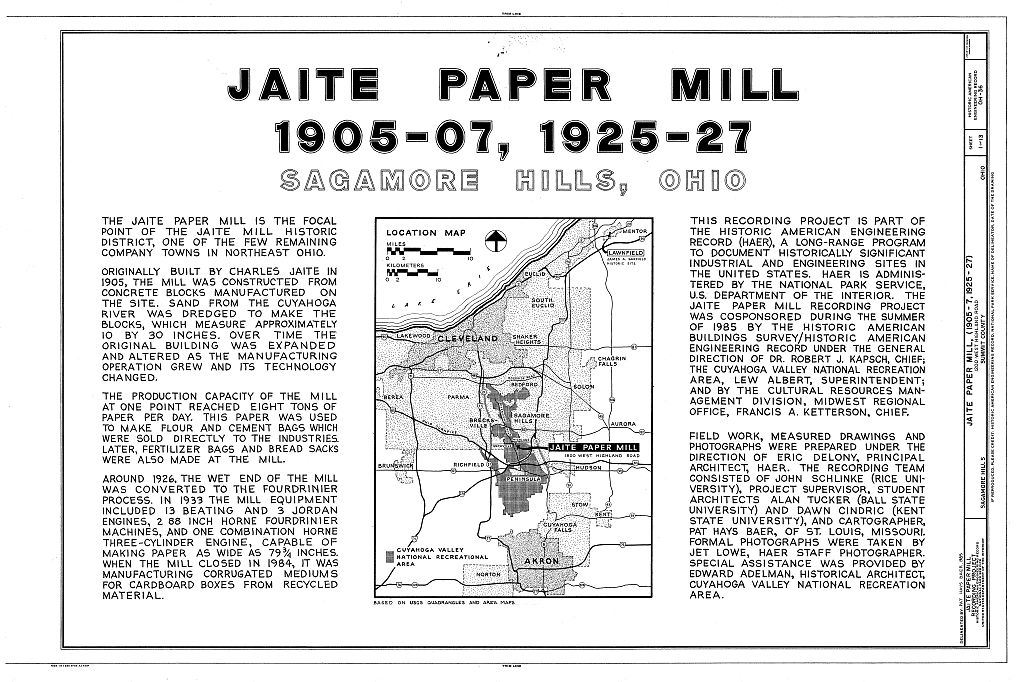 Jaite Paper Mill, 1200 West Highland Road, Sagamore Hills, Summit County, OH, measured drawing filed with the federal survey