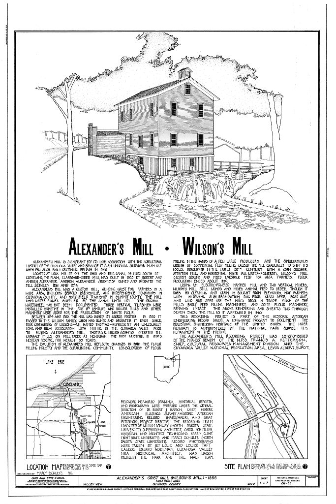 Alexander's Grist Mill, Lock 37 on Ohio & Erie Canal, South of Cleveland, Valley View, Cuyahoga County, OH, measured drawing filed with the federal survey