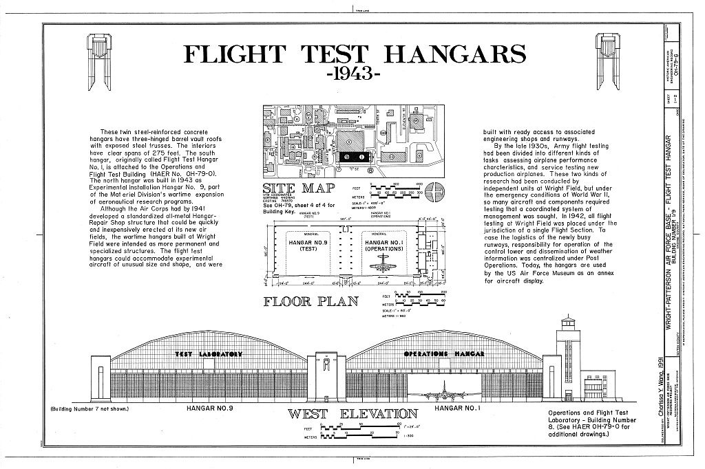 Wright-Patterson Air Force Base, Area B, Building 1/9, Flight Test Hangars, On flightline between Ninth & Tenth Streets, Dayton, Montgomery County, OH, measured drawing filed with the federal survey