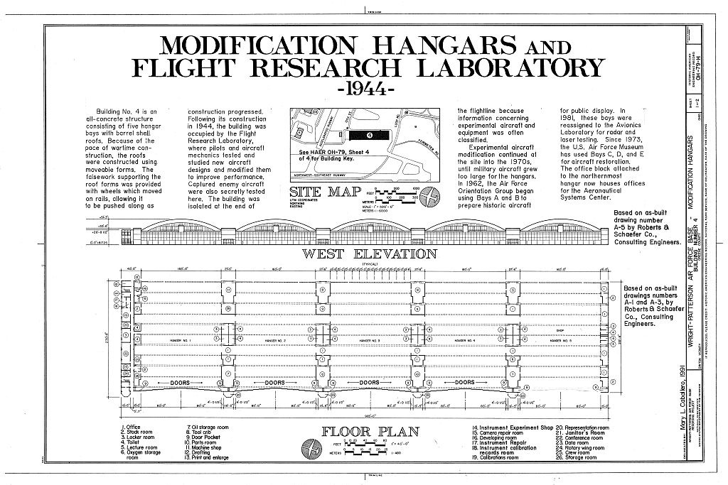Wright-Patterson Air Force Base, Area B, Building 4, Modification Hangar & Flight Research Lab, South end of flightline between Thirteenth Street & Loop Road, Dayton, Montgomery County, OH, measured drawing filed with the federal survey