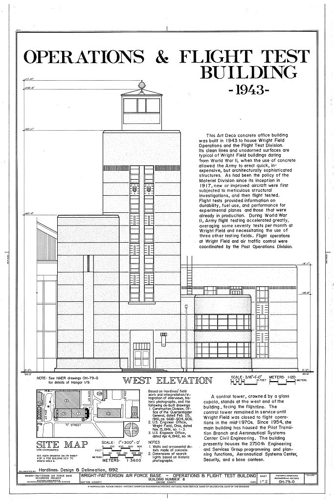 Wright-Patterson Air Force Base, Area B, Building 8, Operations & Flight Test Building, Northeast corner of Tenth & C Streets, Dayton, Montgomery County, OH, measured drawing filed with the federal survey