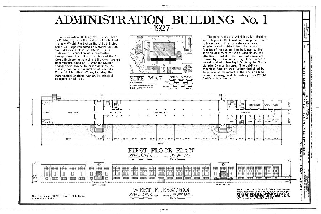Wright-Patterson Air Force Base, Area B, Building 11, Administration Building No. 1, B Street from Third to Fifth Streets, Dayton, Montgomery County, OH, measured drawing filed with the federal survey