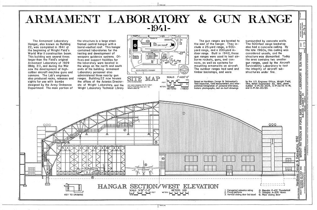 Wright-Patterson Air Force Base, Area B, Building 22, Armament Laboratory & Gun Range, On flightline between Tenth & Eleventh Streets, Dayton, Montgomery County, OH, measured drawing filed with the federal survey