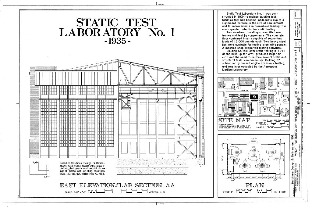 Wright-Patterson Air Force Base, Area B, Building 23, Static Test Laboratory No. 1, Southwest corner of Fifth & E Streets, Dayton, Montgomery County, OH, measured drawing filed with the federal survey