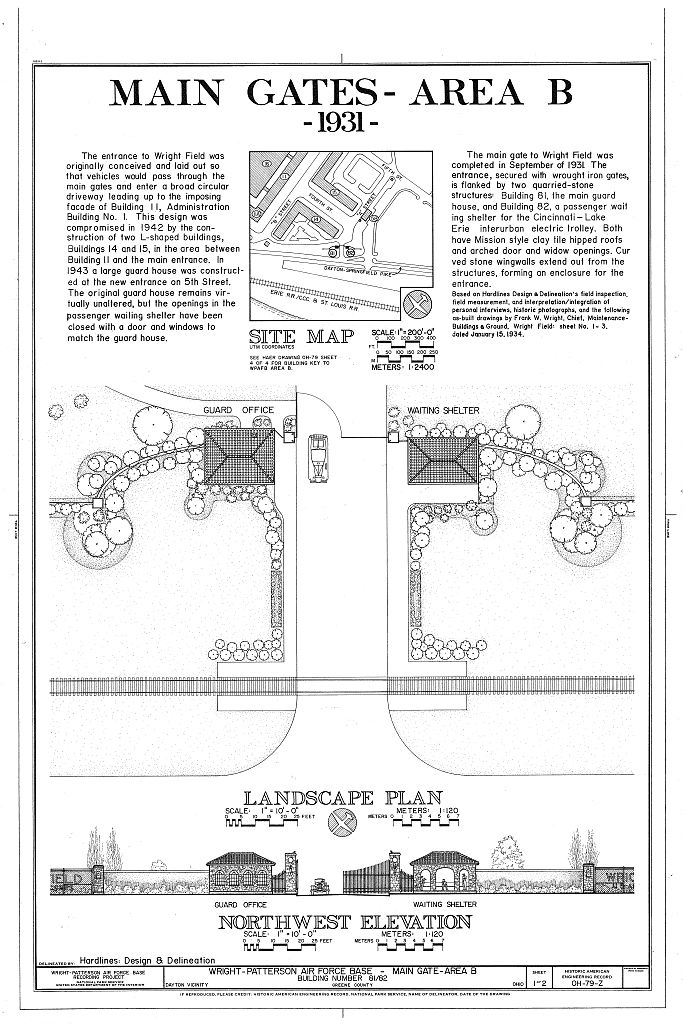 Wright-Patterson Air Force Base, Area B, Building 81/82, Main Gate, Guard House & Passenger Station, Dayton, Montgomery County, OH, measured drawing filed with the federal survey