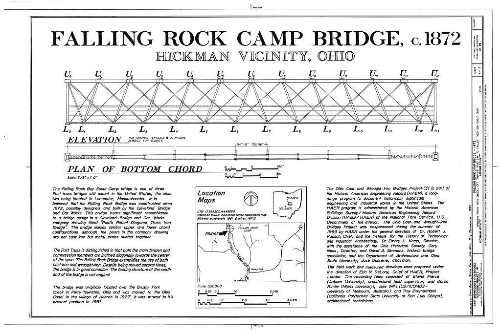 Falling Rock Camp Bridge, Spanning Rocky Fork Creek, Hickman, Licking County, OH, measured drawing filed with the federal survey