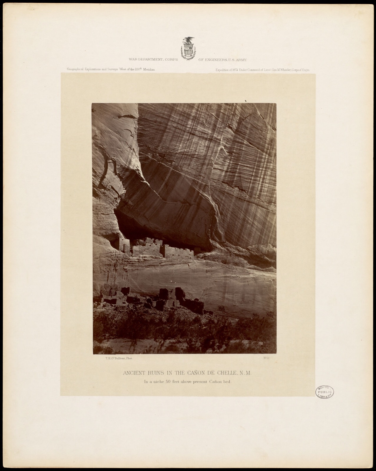 Ancient ruins in the Cañon de Chelle, N.M. In a niche 50 feet above present Cañon bed, Boston Public Library - undated