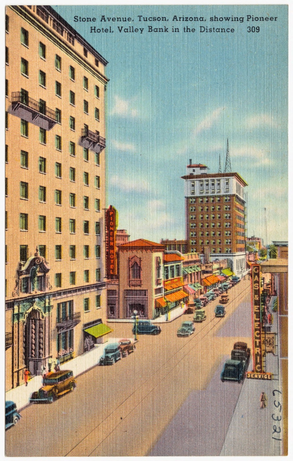 Stone Avenue, Tucson, Arizona, Showing Pioneer Hotel, Valley Bank in the distance, Boston Public Library - undated