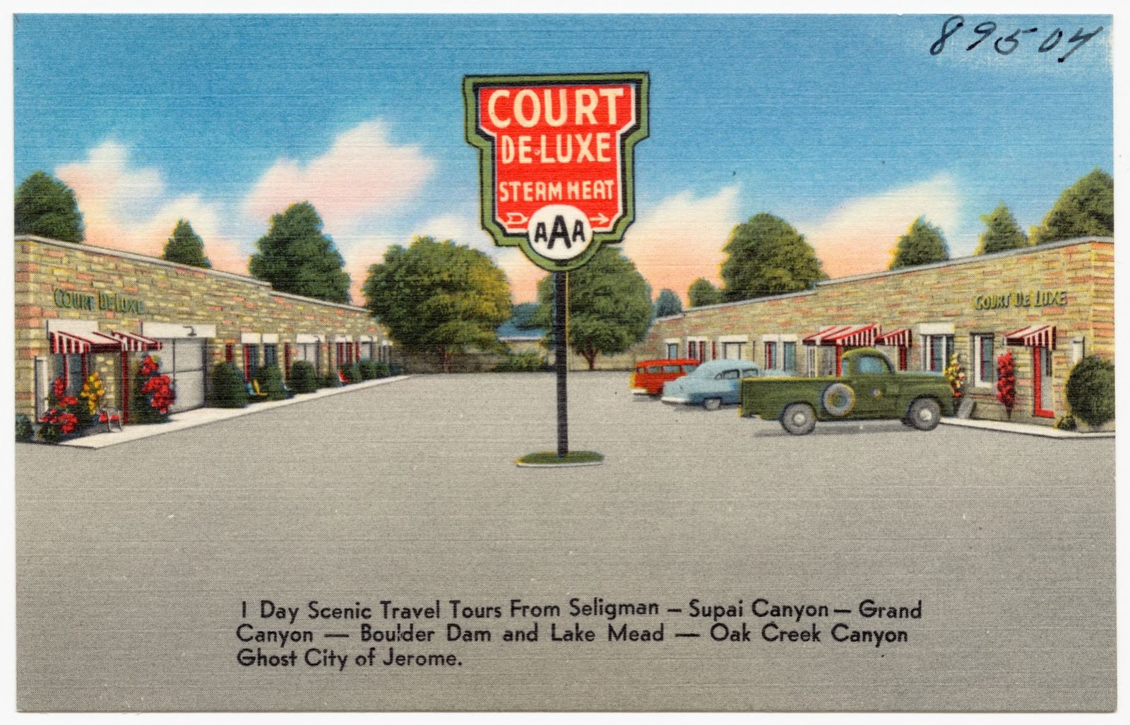 Court De-luxe, 1 day scenic travel tours from Seligman- Supai Canyon- Grand Canyon- Boulder Dam and Lake Mead- Oak Creek Canyon, Ghost city of Jerome, Boston Public Library - undated