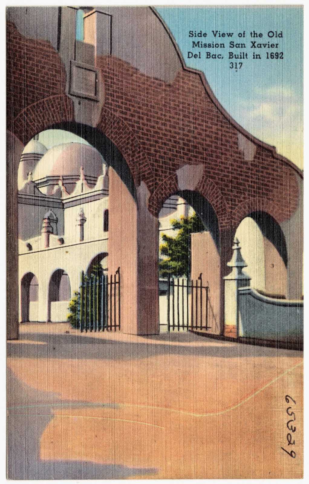 Side view of the Old Mission San Xavier Del Bac, built in 1692, Boston Public Library - undated