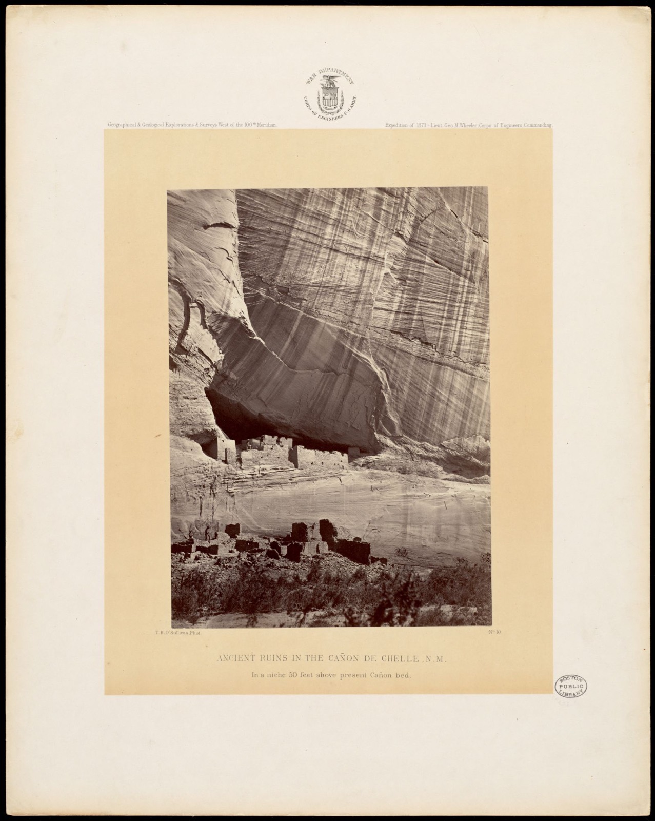 Ancient ruins in the Cañon de Chelle, N.M. In a niche 50 feet above present Cañon bed, Boston Public Library - undated