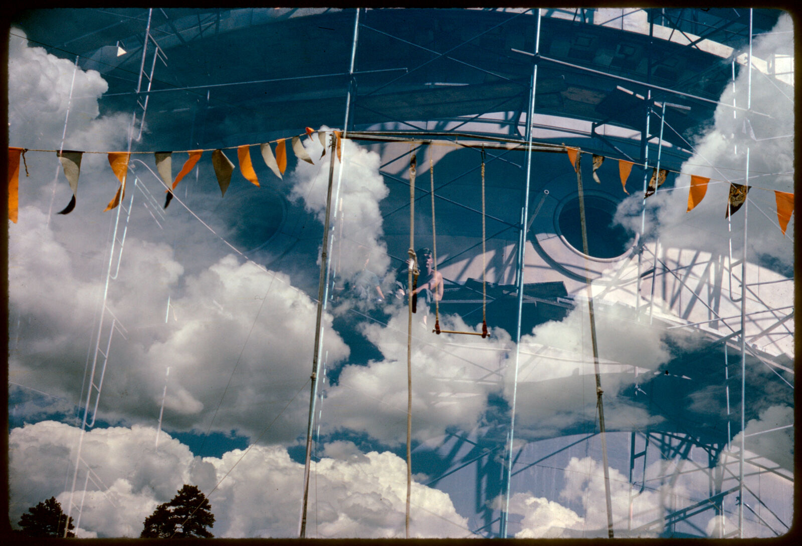 Double exposure with trapeze equipment, scaffolding and clouds, Flagstaff, Arizona, Boston Public Library - undated