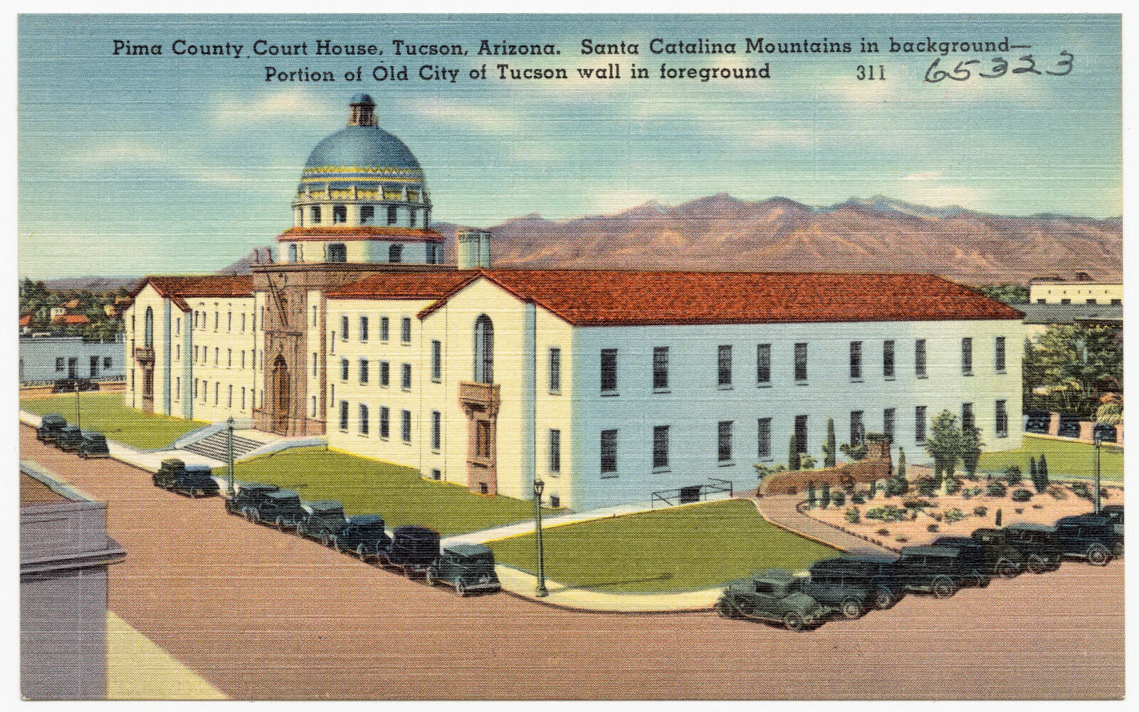 Pima County Court House, Tucson, Arizona, Santa Catalina Mountains in background- portion of Old City of Tucson wall in foreground, Boston Public Library - undated