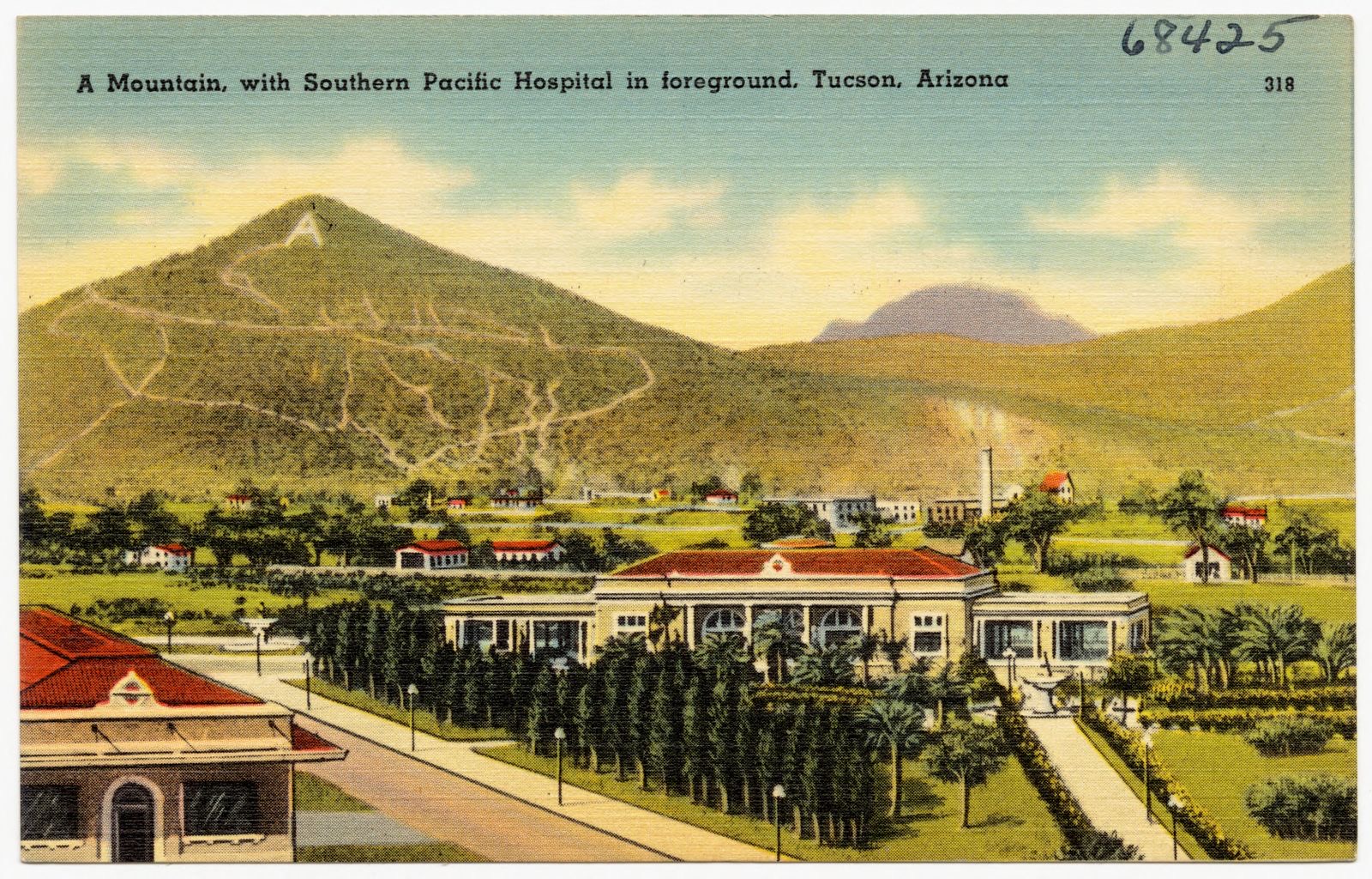 A mountain with Southern Pacific Hospital in fore ground, Tucson, Arizona, Boston Public Library - undated