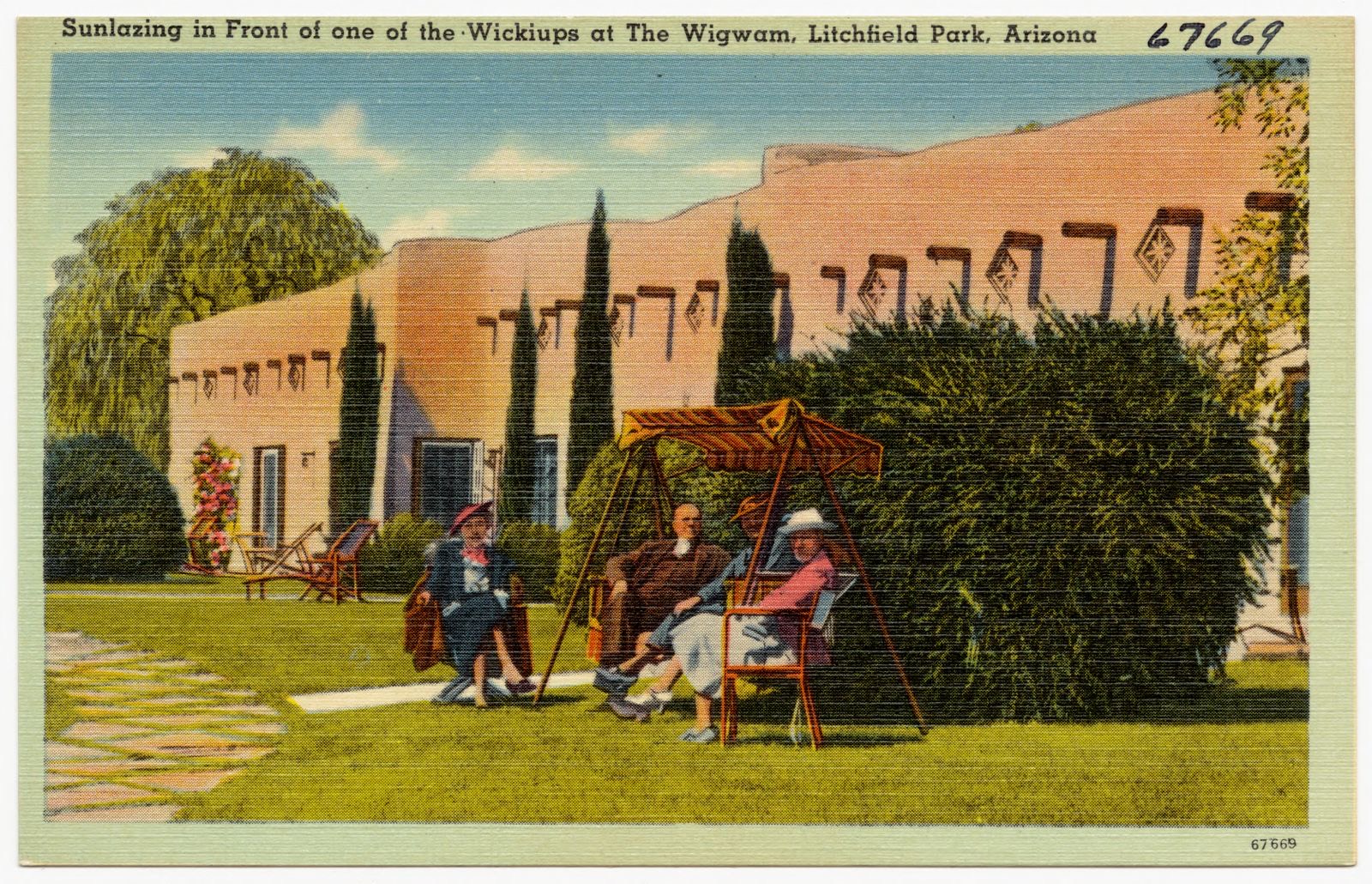 Sunlazing in front of one of the wickiups at The Wigwam, Litchfield Park, Arizona, Boston Public Library - undated