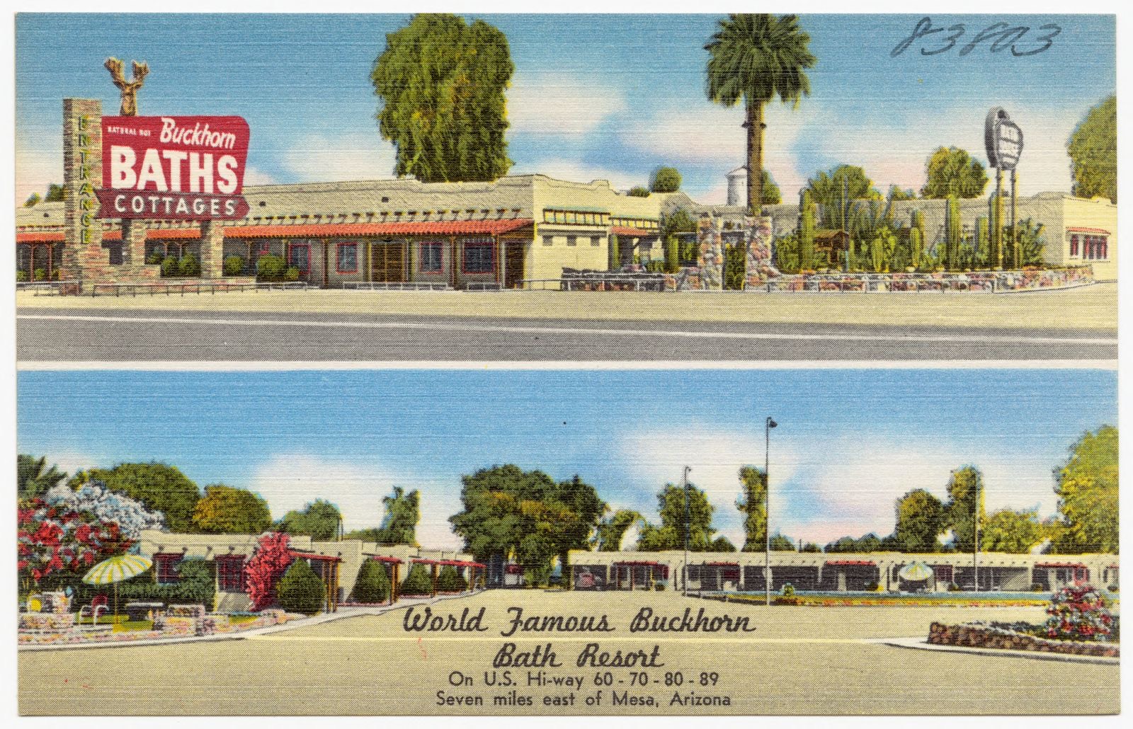 World famous Buckhorn Bath Resort, on U.S. highway 60-70-80-89, seven miles east of Mesa, Arizona, Boston Public Library - undated