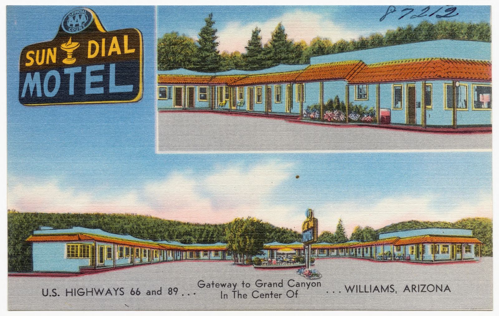 Sun Dial Motel, gateway to Grand Canyon, U.S. highways 66 and 89, in the center of, Williams, Arizona, Boston Public Library - undated