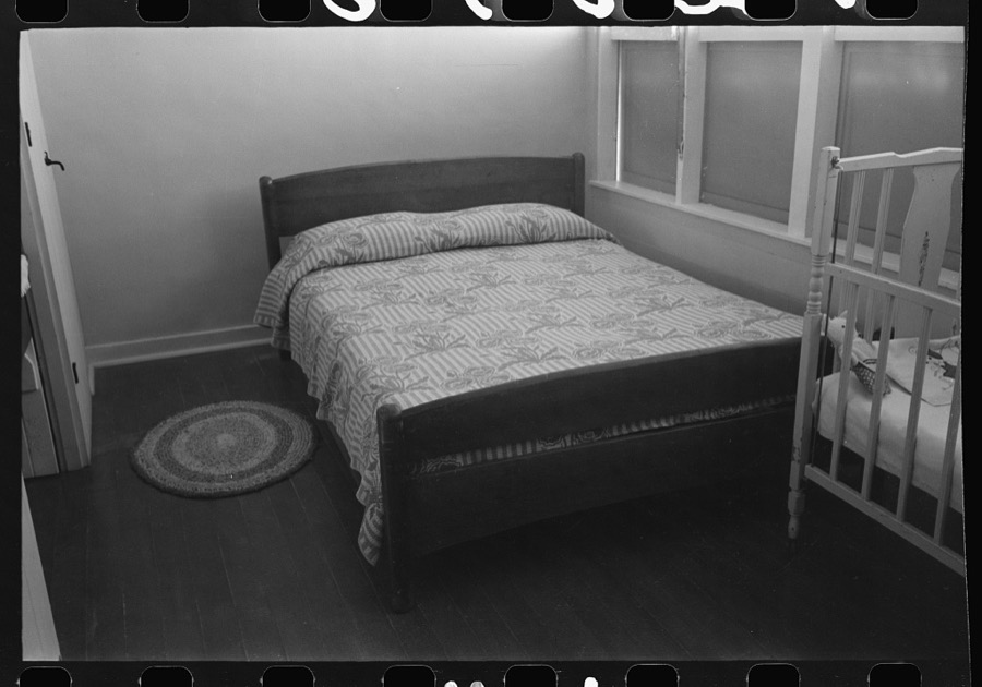 Windows in bedroom of family apartment at the Arizona Part-Time Farms, Chandler Unit, Maricopa County, Arizona. Cross ventilation is provided in all bedrooms on this project