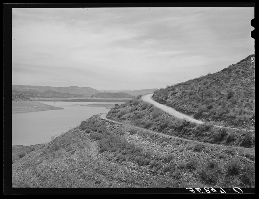 Reservoir of Roosevelt Dam with irrigation ditches and highway. Gila County, Arizona
