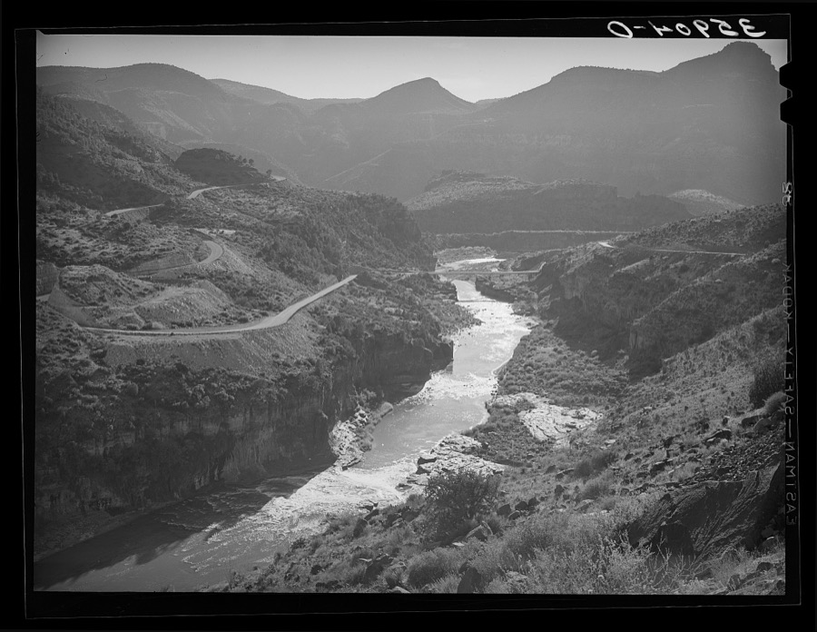 Winding character of the road is shown where Highway U.S. 60 crosses Black River in Gila County, Arizona