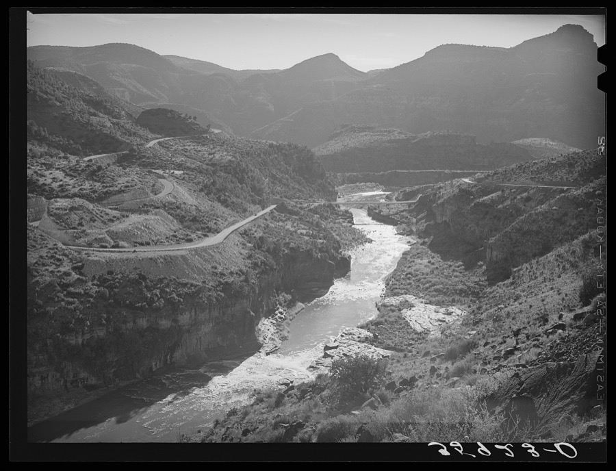 Winding character of the road is shown where Highway U.S. 60 crosses Black River in Gila County, Arizona