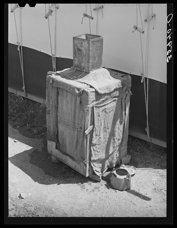 Morman refrigerator used by caretaker at Tonto National Monument. Gila County, Arizona. Water placed in tin container on top drips over the burlap and rapid evaporation in the atmosphere produces the cooling effect